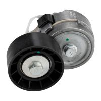 Flat belt tension pulley with clamping arm