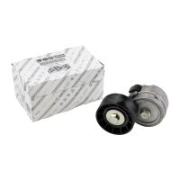 Flat belt tensioning pulley with tensioning arm