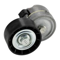 Flat belt tension pulley with clamping arm