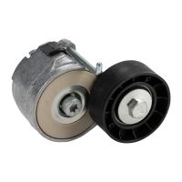 Flat belt tension pulley with clamping arm