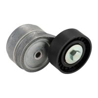 Flat belt tension pulley with clamping arm