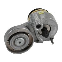 Flat belt tension pulley with clamping arm