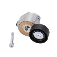 Flat belt tensioning pulley with tensioning arm