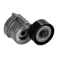 Flat belt tension pulley with clamping arm