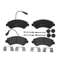 Front brake pads including warning contacts and Brembo accessories